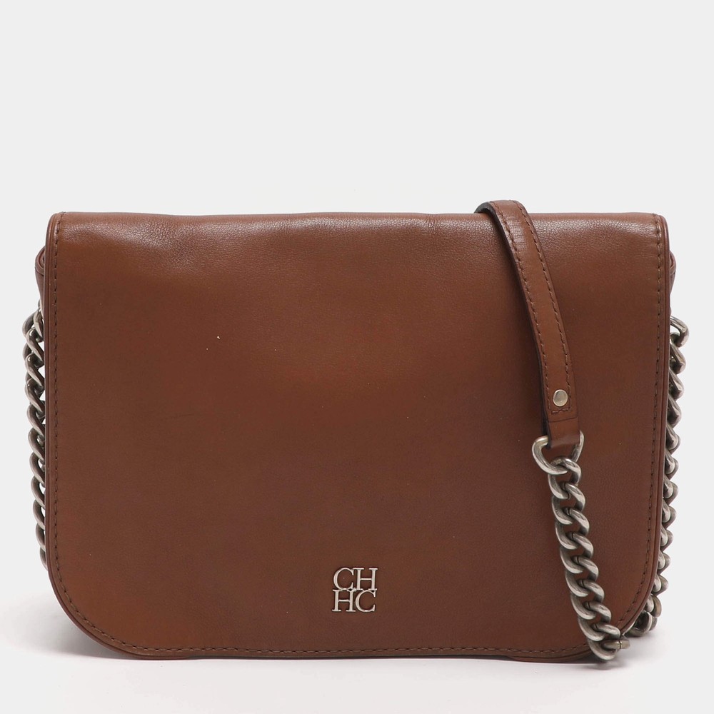CH Carolina Herrera New Baltazar Brown Leather Shoulder Bag