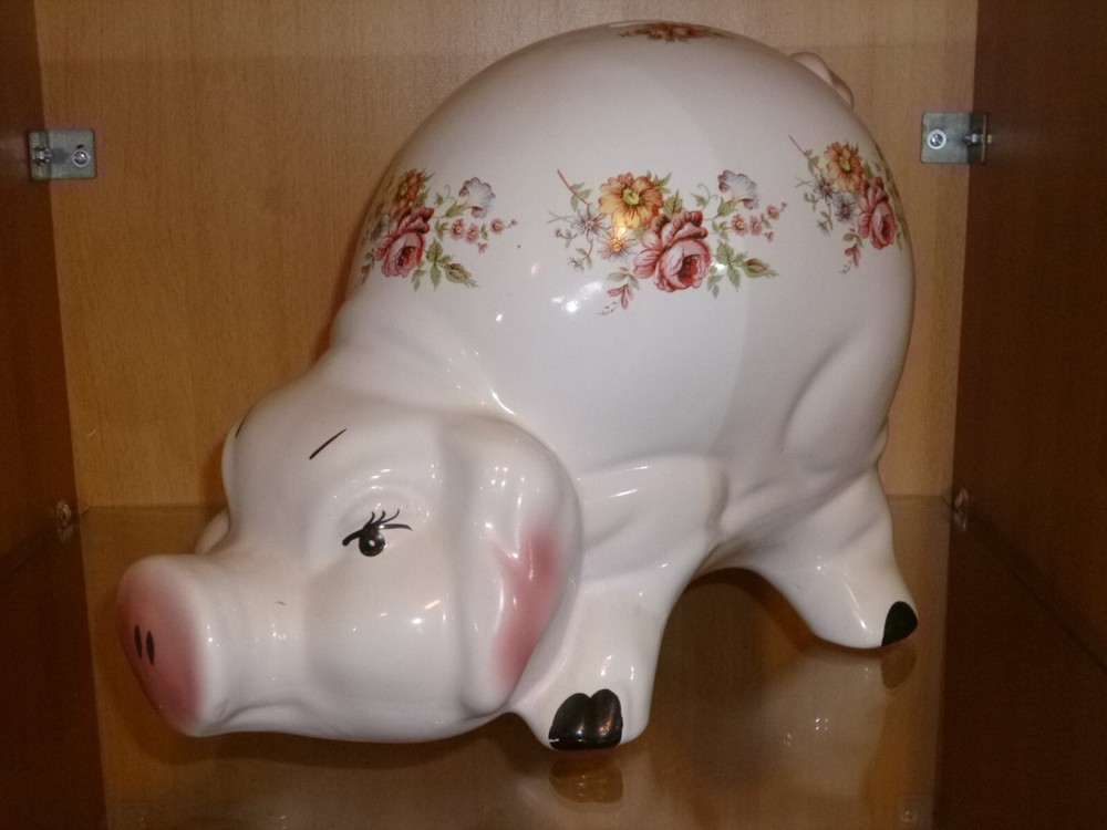 Vintage Large Crouching Pig Floral Ceramic Piggy Bank Money Box 8.5” High