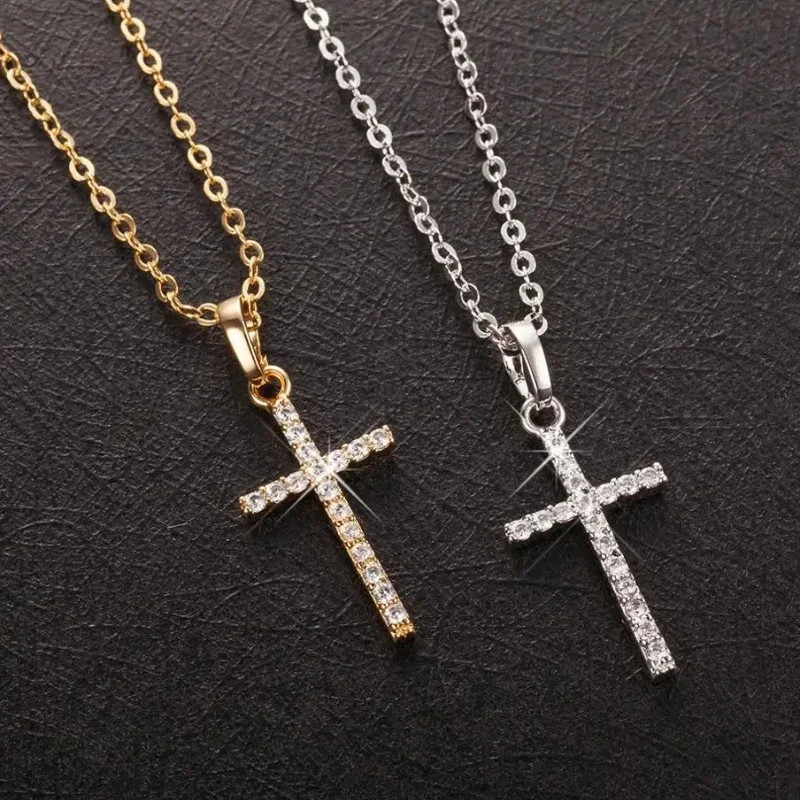 Luxury Zircon Cross Pendants Necklace Fashion Light Golden Silver Color for Men