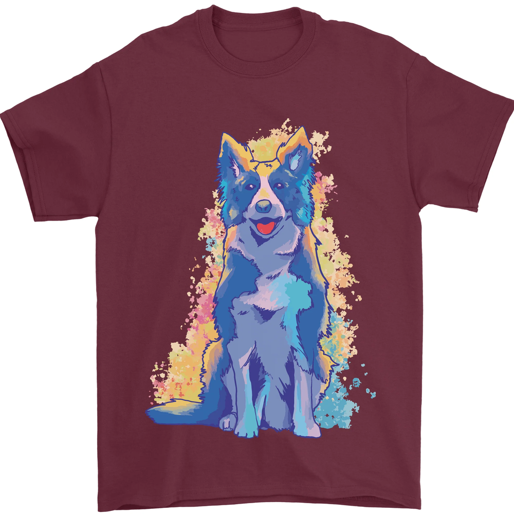 A Colourful Border Collie Dog Design Mens T-Shirt 100% Cotton