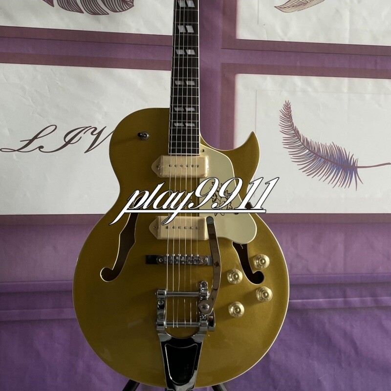 Semi-hollow ES Yellow Electric Guitar with P90 HH Pickups and Bigsby Vibrato
