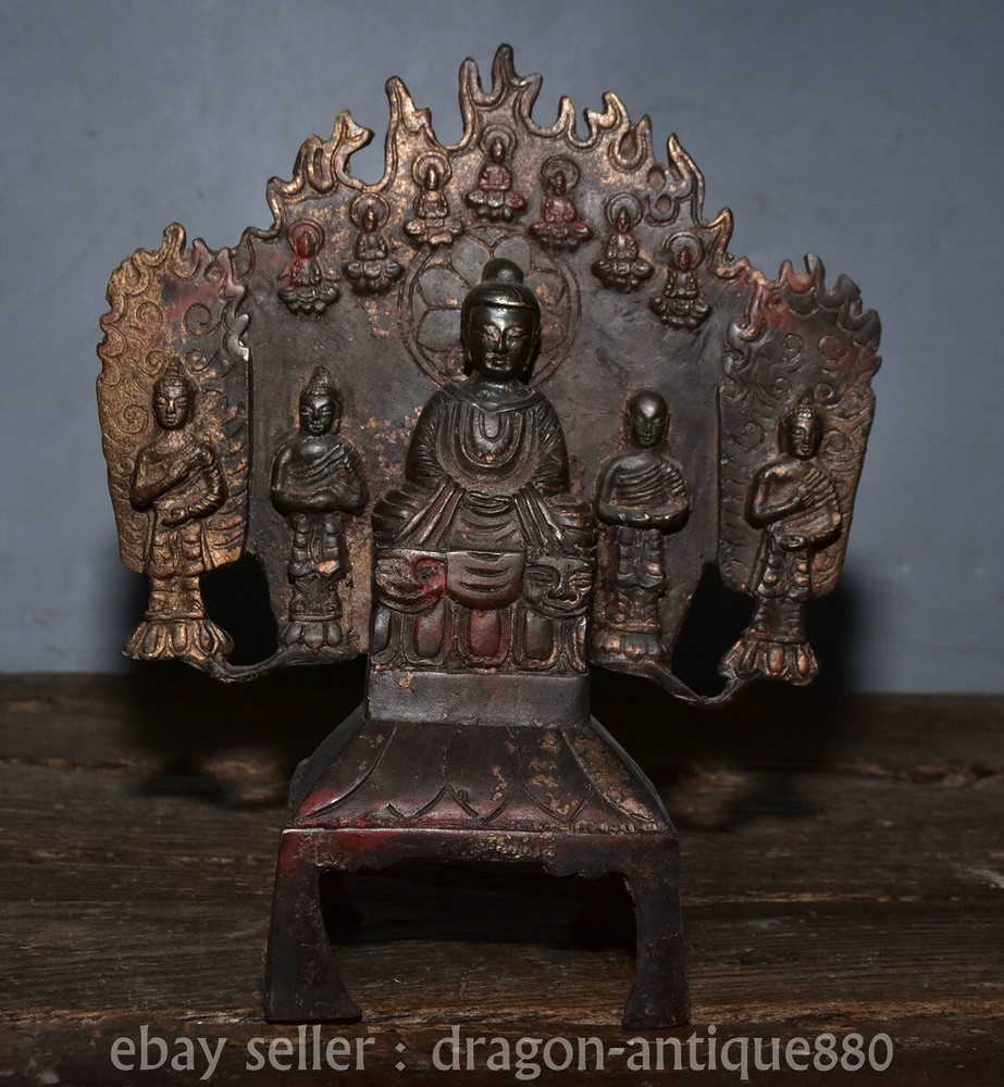 8.8 Inch Antique Bronze Shakyamuni Amitabha Buddha Statue Handcrafted Sculpture  