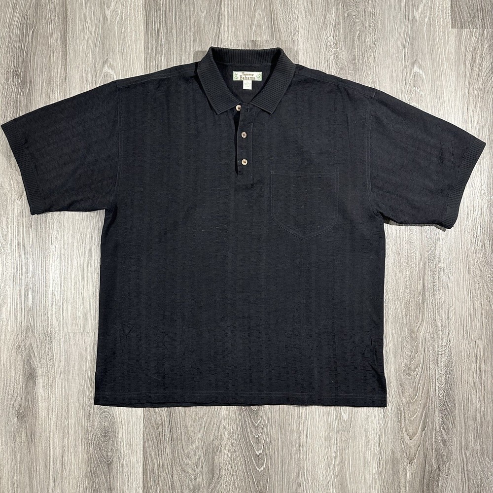 Tommy Bahama Shirt 100% Silk Polo Men’s XL Black Textured Short Sleeve