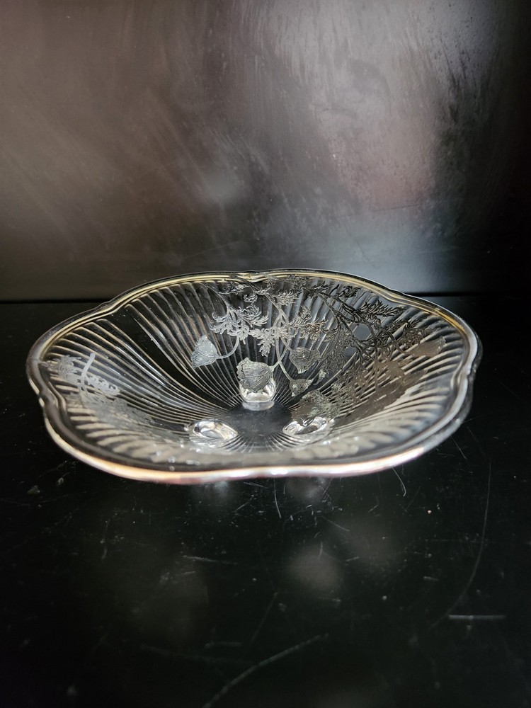 Silver City Glass Co 3-Footed Crystal Bowl with Sterling Silver Overlay  