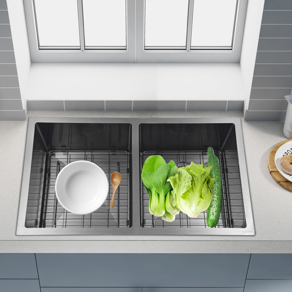 31-Inch Double Bowl Composite Drop-In Kitchen Sink with Stainless Steel Bowls