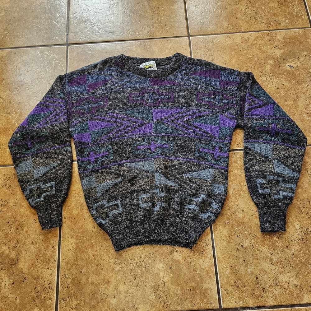 Vintage Le Tigre Sweater Knit 80s Geometric Teal Purple Gray Grandpa Medium