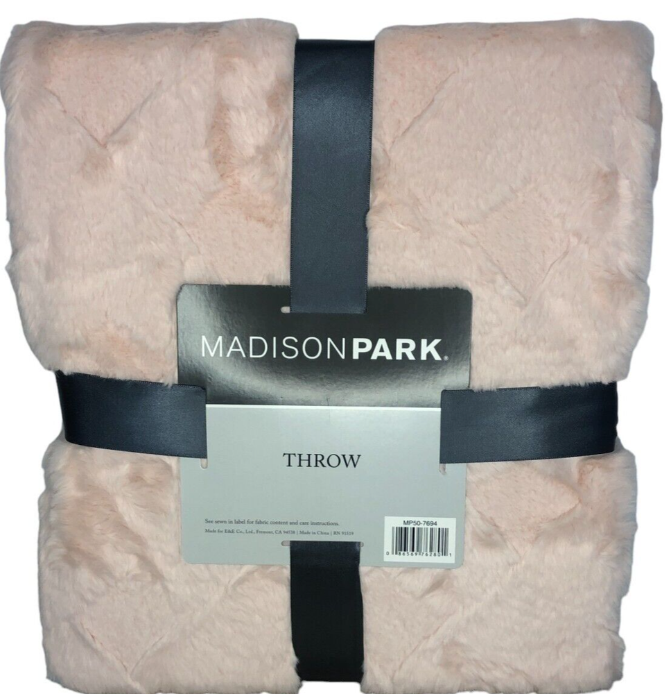 Madison Park BLUSH Jane Claire 50x60 Faux Fur Basketweave Throw Blanket Luxury Soft Cozy