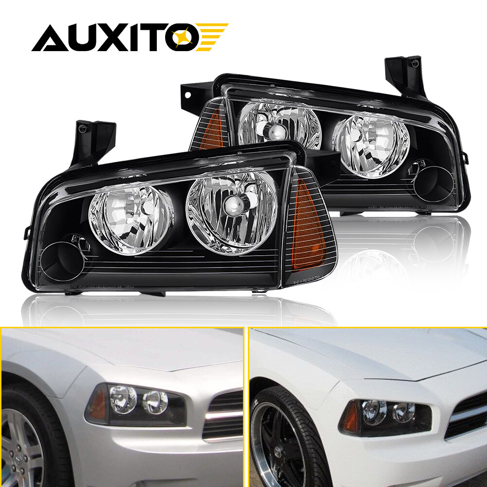 Headlights Headlamps For 2006-2010 Dodge Charger Black Housing Lens Clear NEW