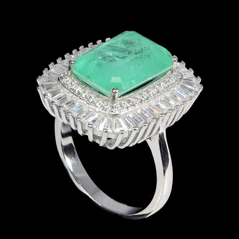 Lab-Created Green Emerald Silver Ring Solid Sterling Size 9  