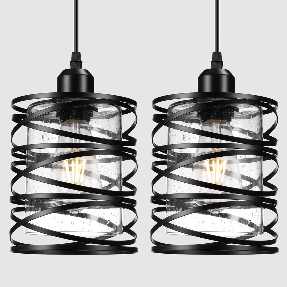 2 Pack Black Farmhouse Pendant Lights with Seeded Glass for Kitchen Island