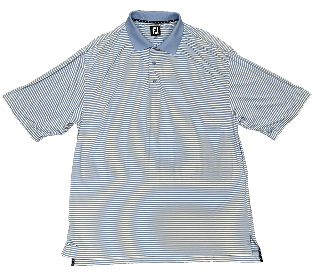 FootJoy Polo Shirt Mens Large Blue White Striped Stretch Short Sleeve Golf READ