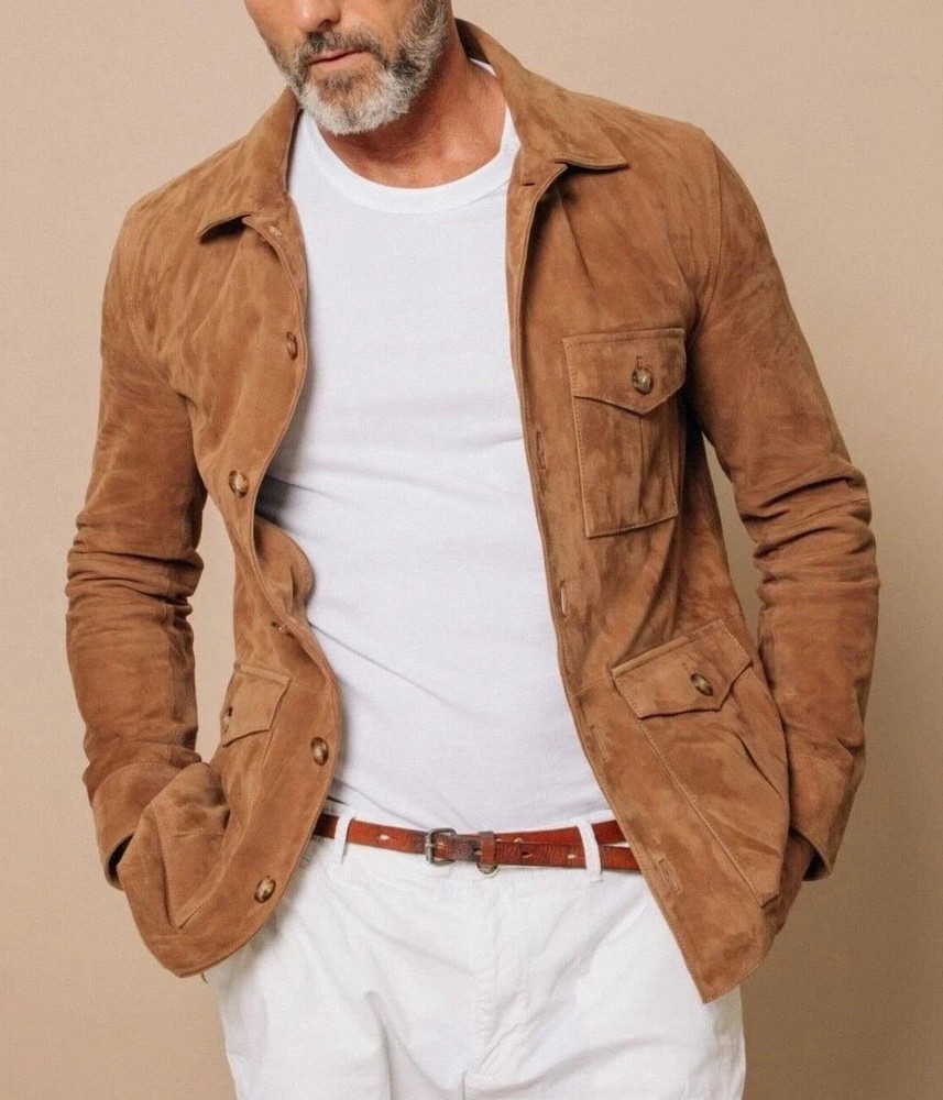 Brown Field Leather Jacket for Men Pure Suede Custom Made Size Jacket Handmade