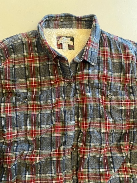 LL Bean Shirt Jacket Mens XXL Red Grey Sherpa Fleece Lined Flannel Plaid Casual