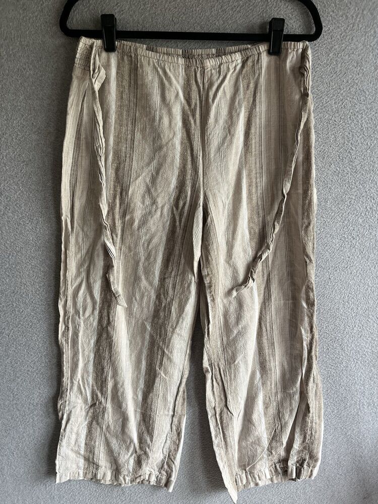 Beach Lunch Lounge Linen Blend Pants Medium Elastic Waist Pockets Womens Belted