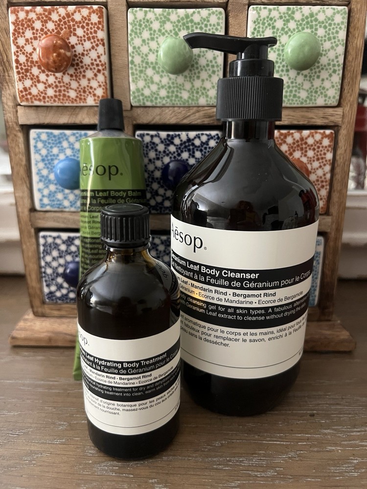 Aesop Geranium Leaf Body Cleanser , Body Balm And Body Treatment. Gift Set