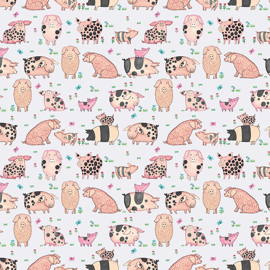 Nursery Baby Fabric | Hay Day Farm Pigs Allover Off White | Henry Glass YARD