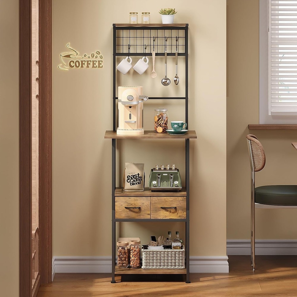 Small Coffee Bar Station Narrow Corner Baker Rack Stand with 2 Storage Fabric