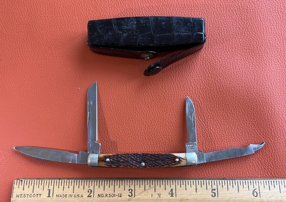 4-Blade Pocket Knife Jigged Handle w/ Snap Case 2⅝” 1960-75 Vintage Gentleman’s