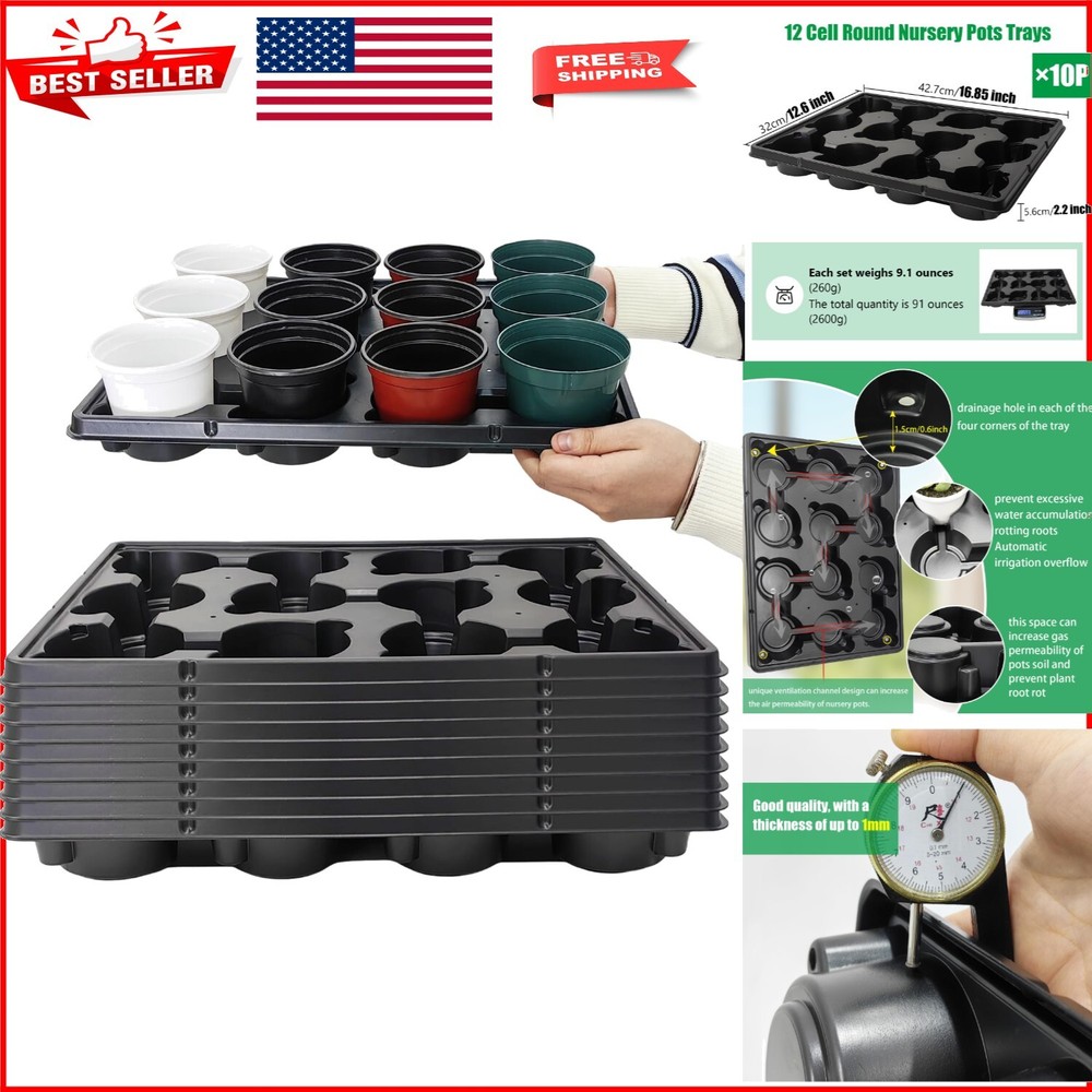 12 Cell Round Nursery Pots Trays with Drainage - Ideal for Plant Lovers, 10-Pack