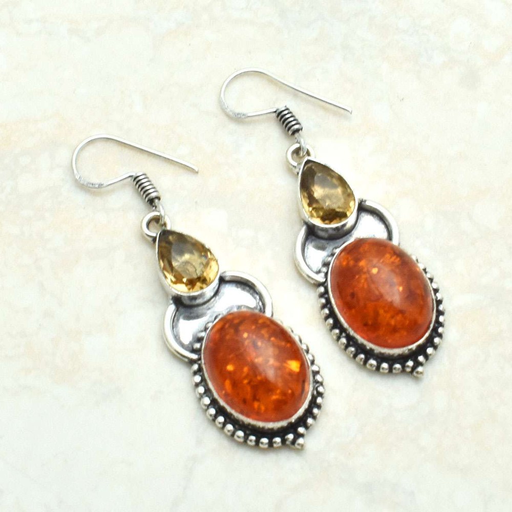 Handmade Amber Citrine Gemstone Drop Dangle Earrings Jewelry Gift AE-10189