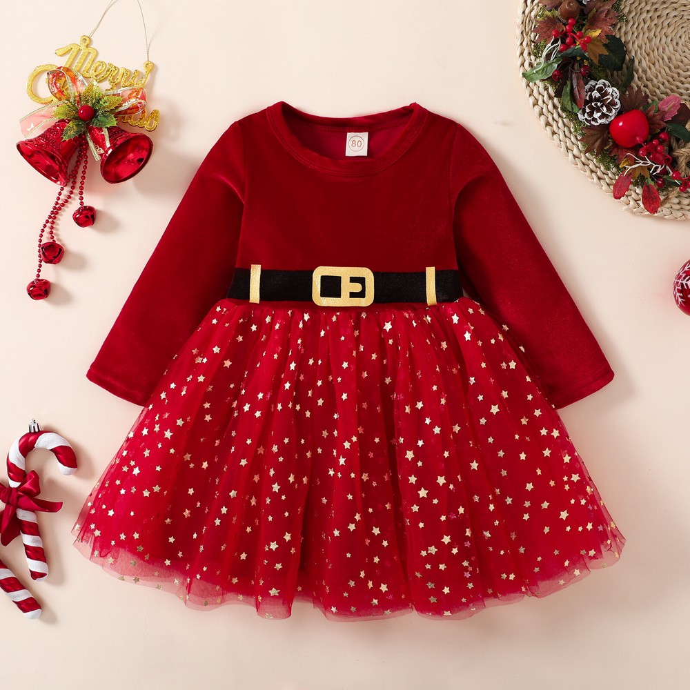 Winter Christmas Baby Toddler Kids Girls Santa Claus Red Long Sleeve Tulle Dress