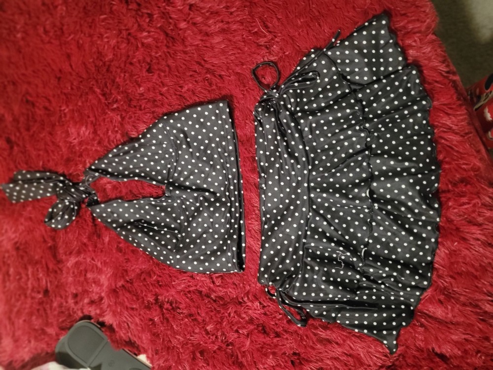 Black and White Polka Dot Halter Women's Bikini with Skirt Bottom, Size S