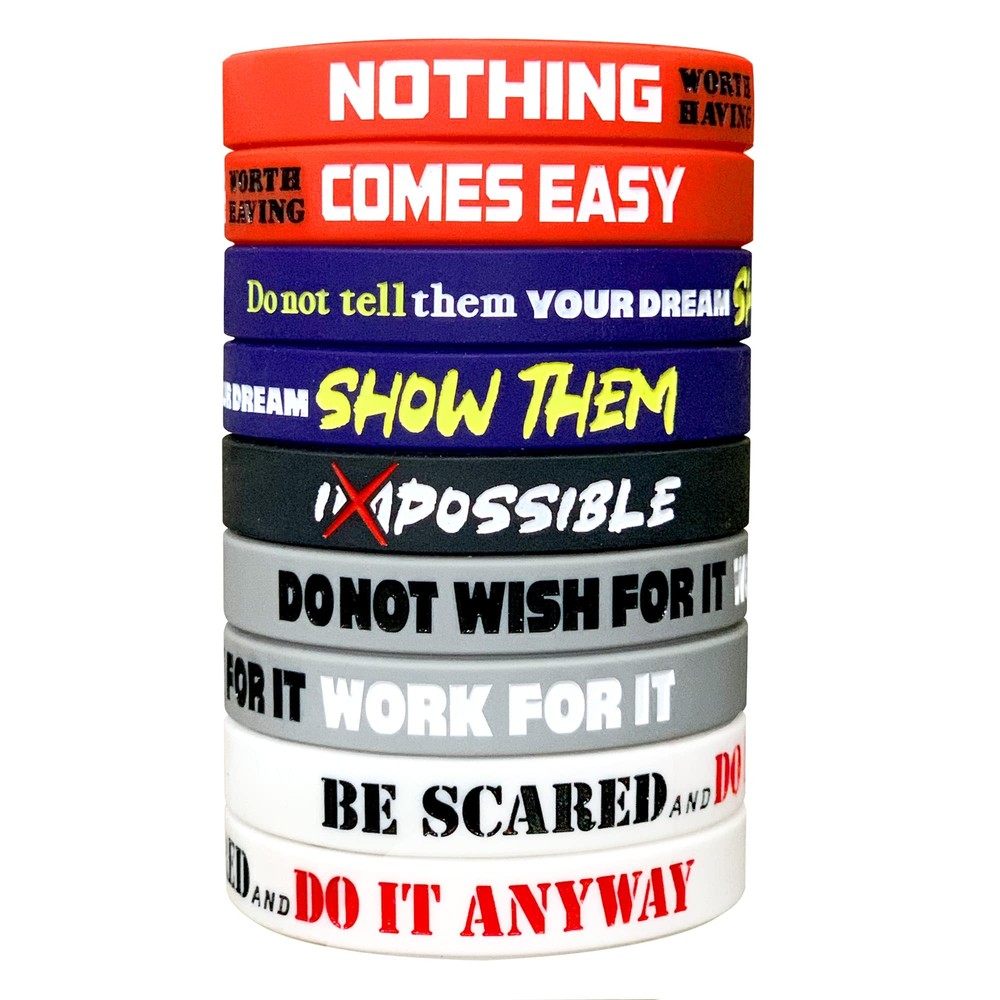 12 Pack Motivational Wristbands for Men, Women & Teens, 12x8” Silicone Bracel...