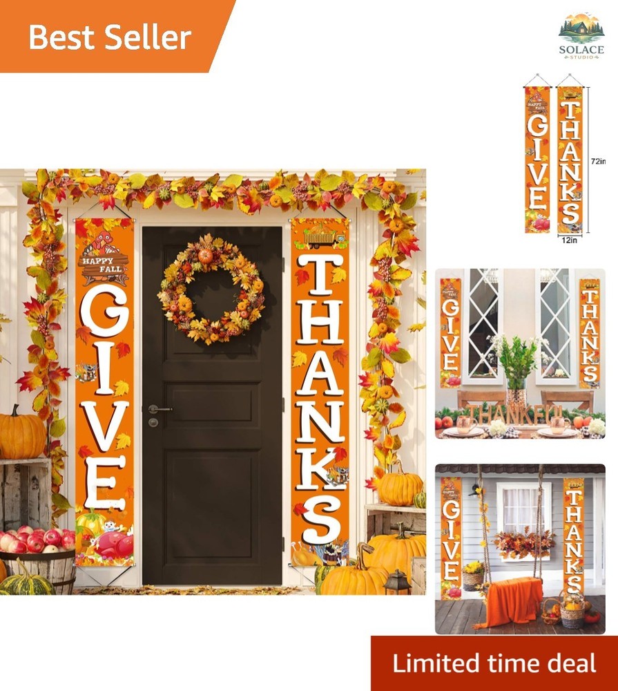 GIVE THANKS Hanging Banner Porch Sign Autumn Pumpkin Maple Leaf Backdrop Flag...