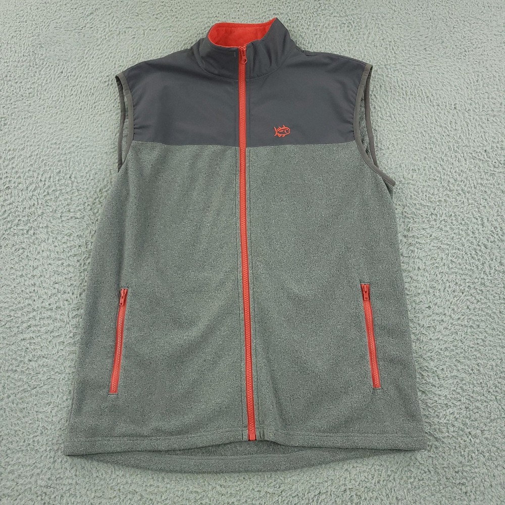 Southern Tide Vest Mens Medium Gray Red Full Zip Fleece Nylon Outdoor Pockets