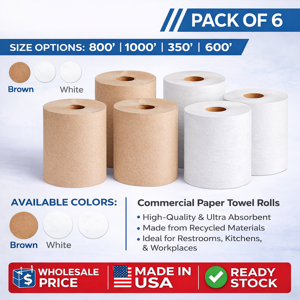 Pack of 1/6/12 Commercial Paper Towel Rolls – Brown/White | 350’ 600’ 800’ 1000’