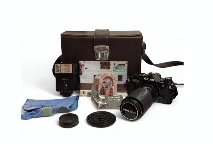Canon AE-1 Program 35mm Film Camera + 80–250mm zoom | Vivitar Flash | Case
