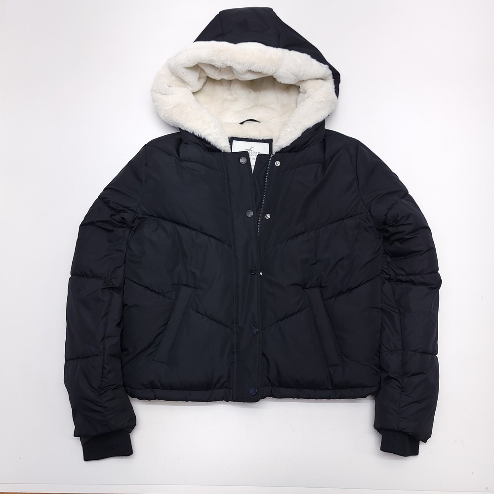 Hollister Ultimate Cozy Lined Puffer Jacket Coat Womens M Hooded Faux Fur Black
