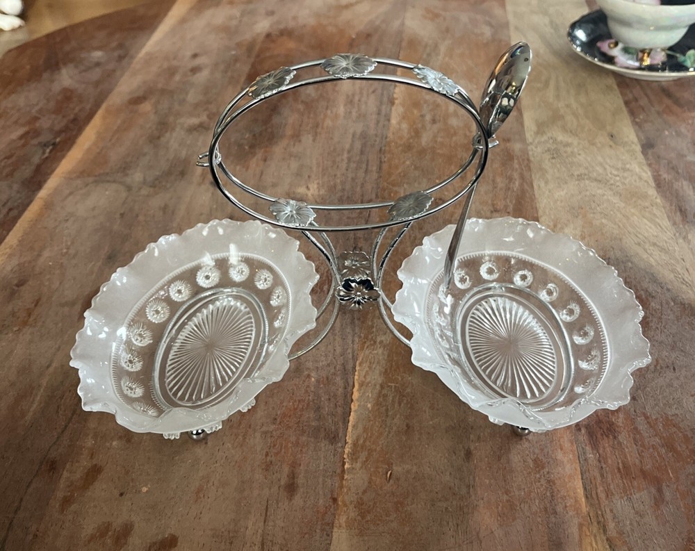 Vintage 4 Pc Chromium Plate Spoon & Glass Olive/Relish Dish Sheffield England