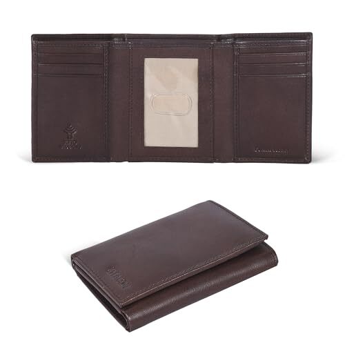 Slim RFID-Blocking Tri-Fold Leather Wallet with ID Window in Chocolate Brown