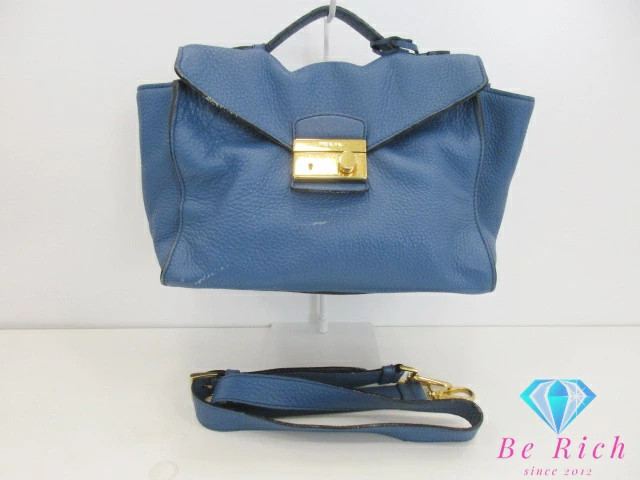 Prada Y0810 Blue Leather Shoulder Bag 2Way Logo Bt0962 Bk9392 Pre-Owned