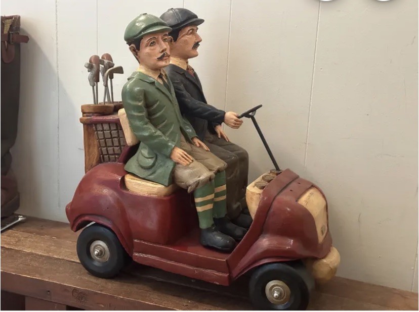 RARE Vintage Peter Mook Style Sculpture Two Buddies in a Golf Cart w/Clubs Resin