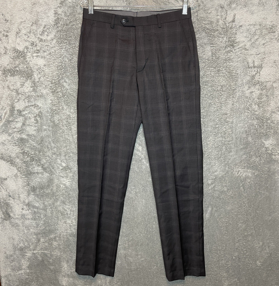 Michael Kors Mens Malone Classic Fit Plaid Wool Stretch Suit Pant Charcoal Brown
