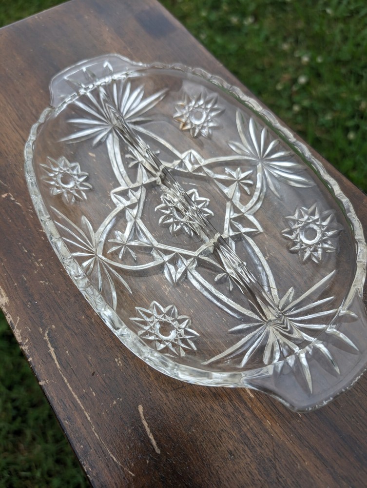 Vintage Anchor Hocking Pressed Glass Starburst Divided Relish Dish Tray