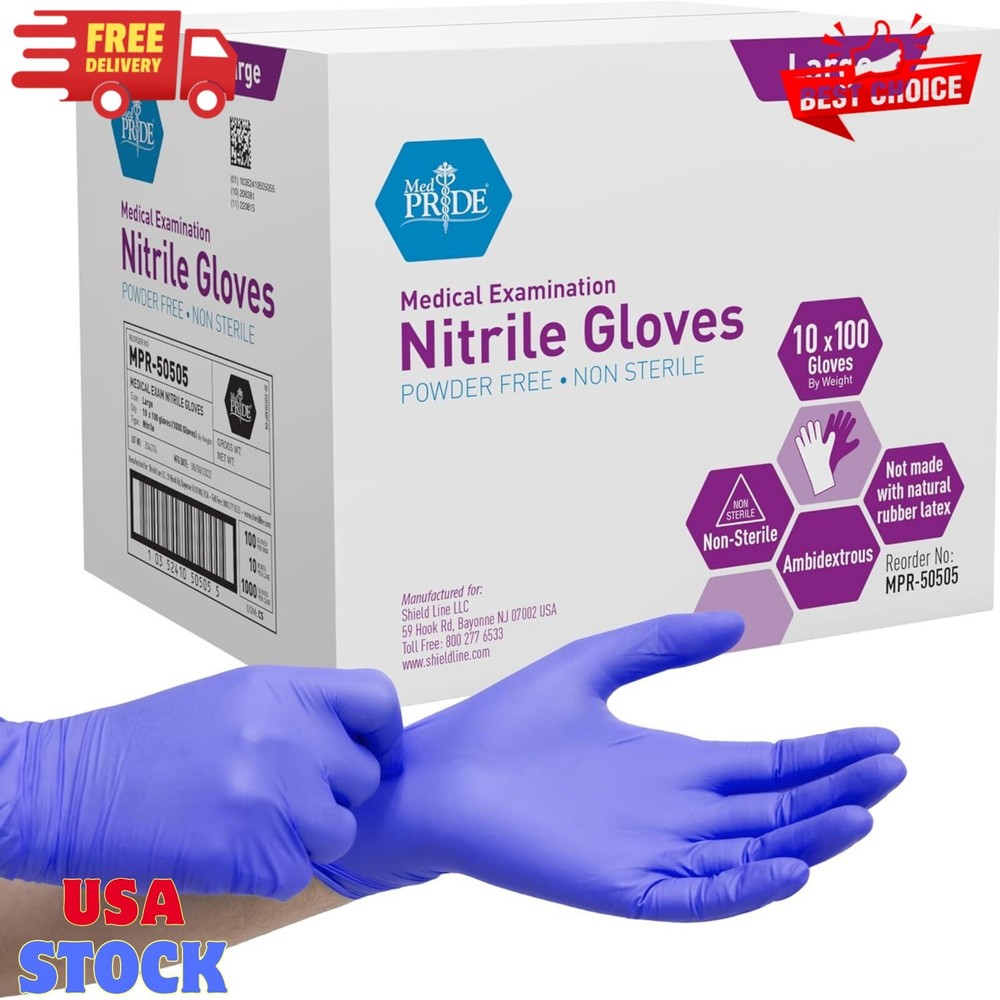 Powder-Free Nitrile Exam Gloves Large Size 100 Count Pack of 10