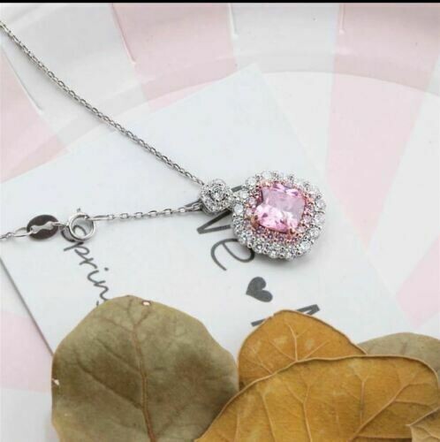 3Ct Cushion Pink Sapphire Halo Pendant in 14K White Gold with Free Chain  
