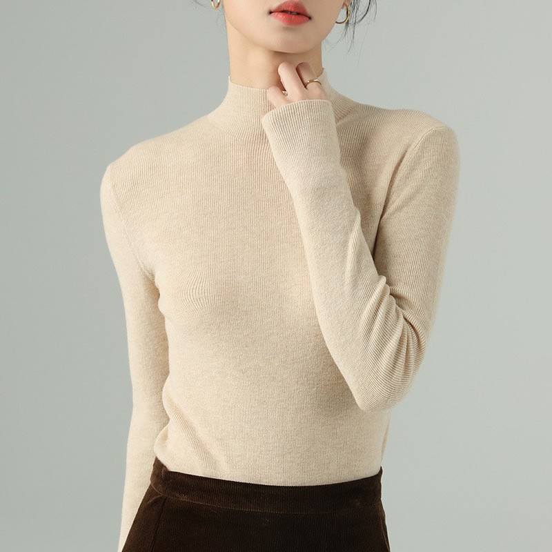 Women's High Neck Wool Pullover Sweater Spring Long Sleeve Slimming Knitted Tops