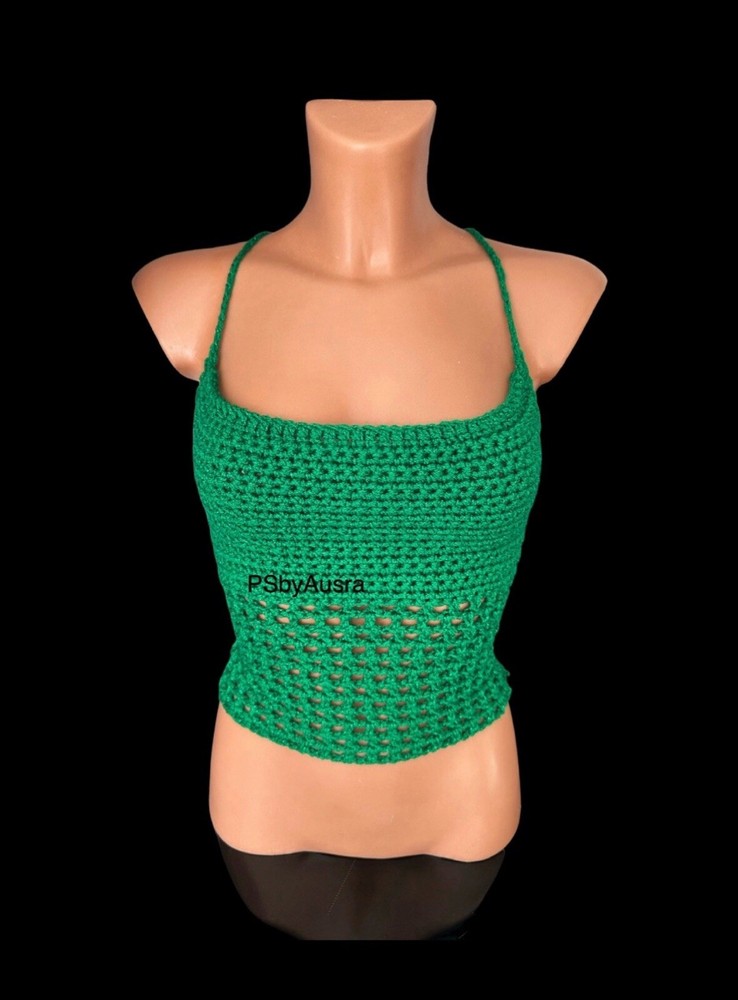 Crochet Top Boho Holiday Halter Cami Tank Tops psbyausra Green / Sparkles