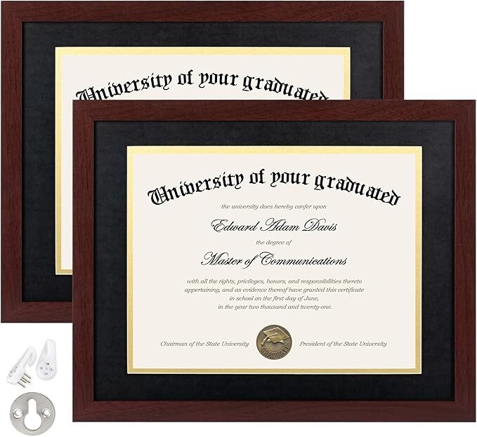 Upsimples 11x14 Diploma Frame Set with HD Glass, 2-Pack, Mahogany Double Mat
