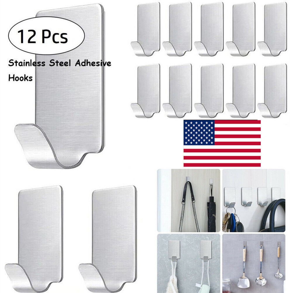12Pack Self Adhesive Bathroom Wall Door Stainless Steel Holder Hanger Hooks