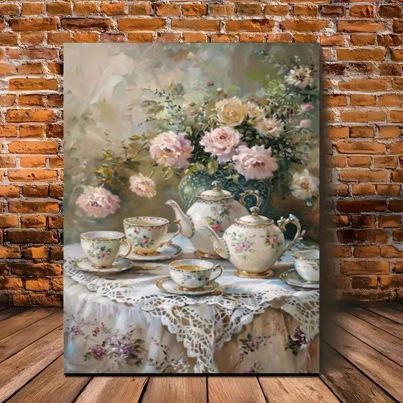 Painting Of A Vintage Tea Set Wall Art  Canvas Unframed/Framed