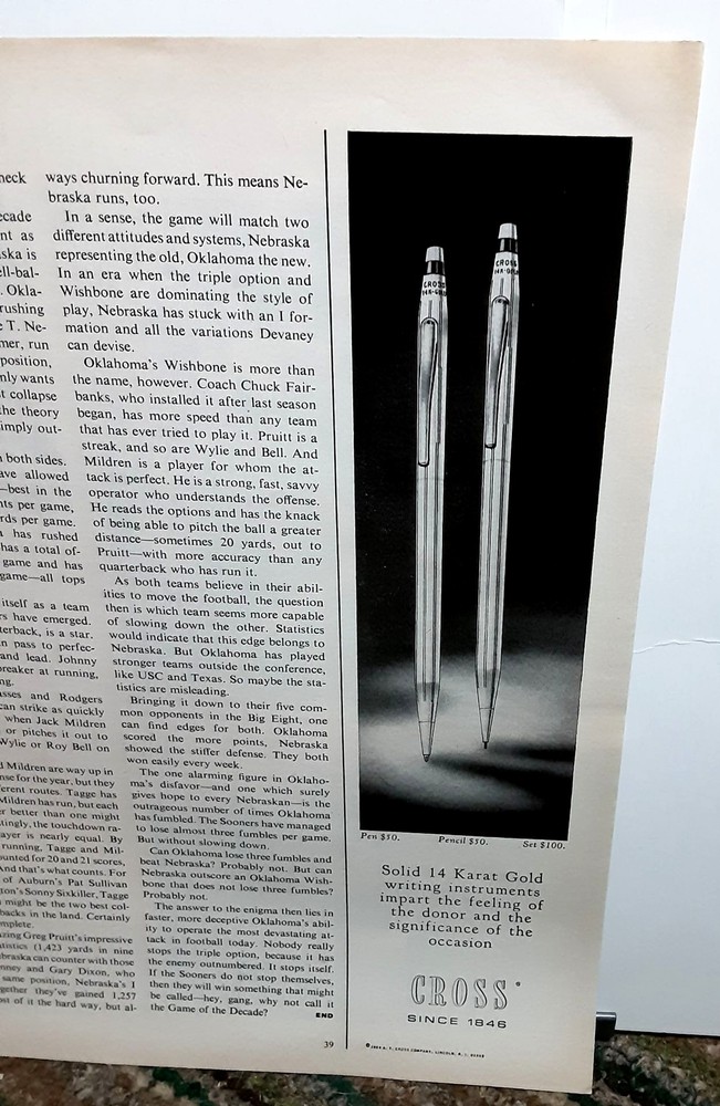 1971 Cross 14 Karat Gold Writing Instruments Pens Original Print Ad vintage