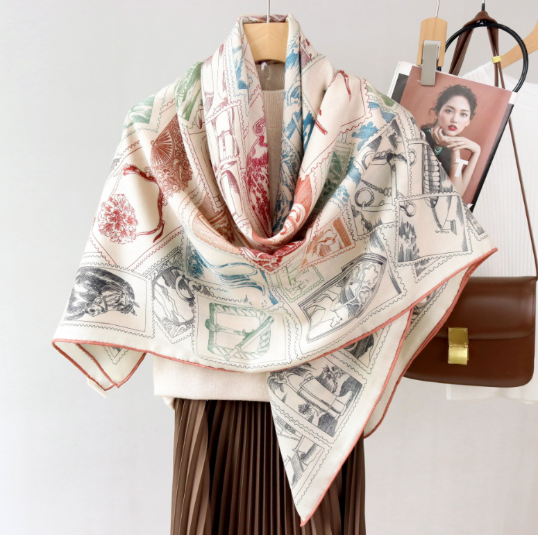 70% Cashmere 30% Silk Twill 2 Face Scarf 2 face Shawl Wrap 135X135cm stamp Print