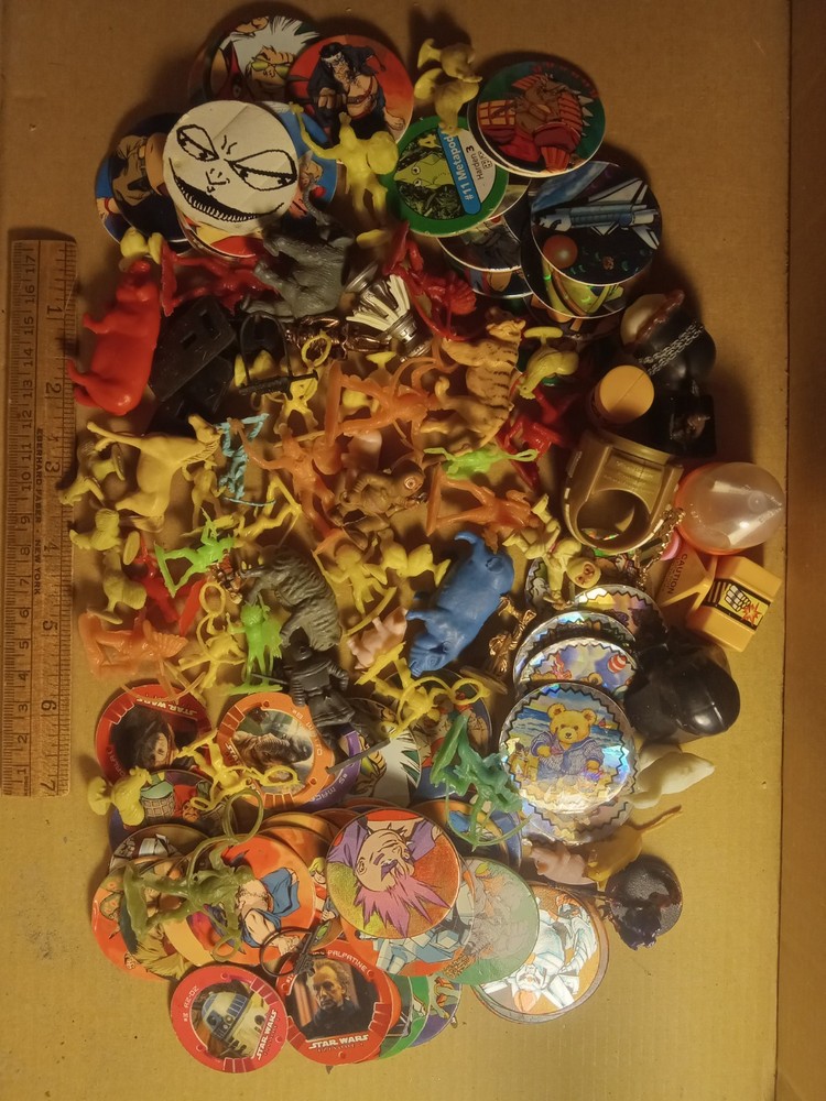 Vintage Mixed Minitures Toy Lot Pogs Animals Plastic Star Wars Junk Random