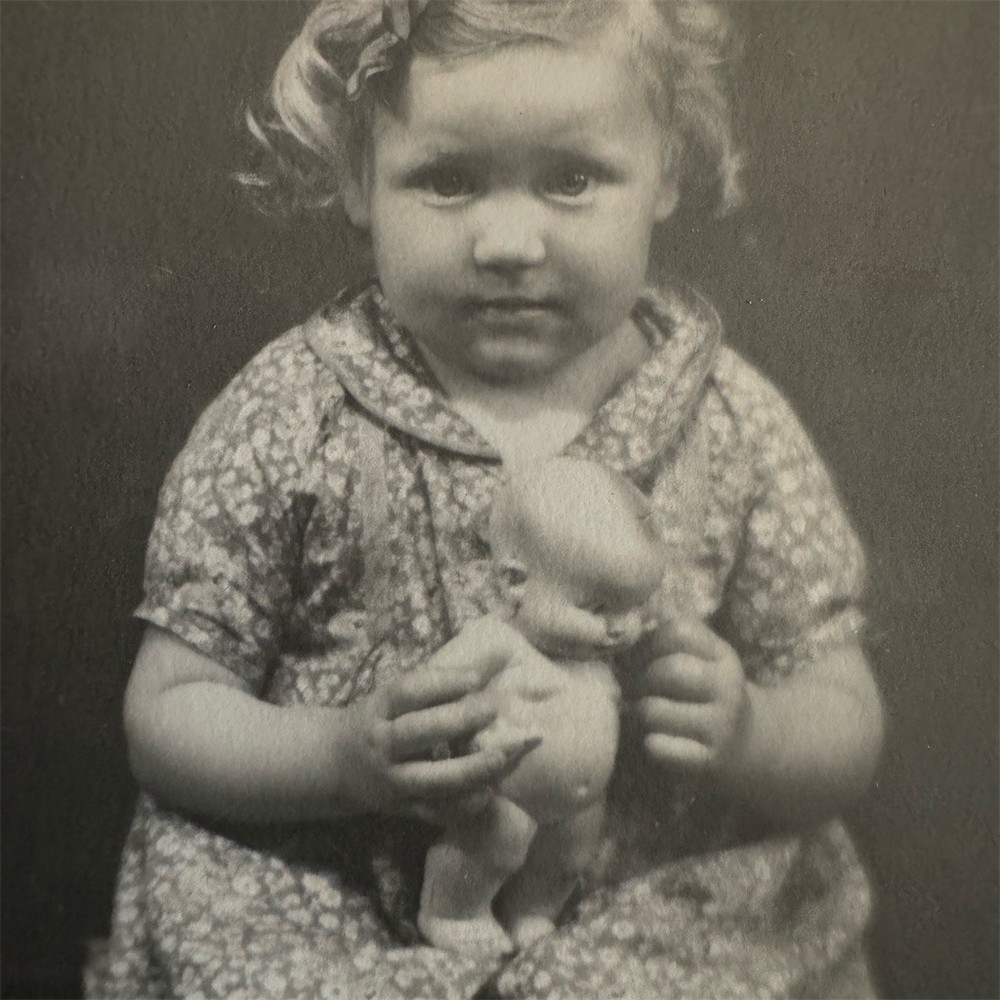 Vintage RPPC Postcard Studio Portrait Toddler Girl Holding Doll B&W