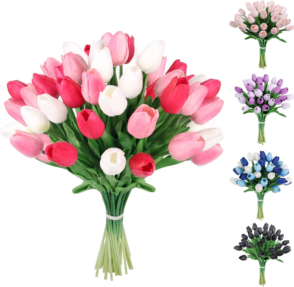 30Pcs Artificial Tulips Flowers Fake Latex Tulip Stems - Real Touch Faux Dusty W